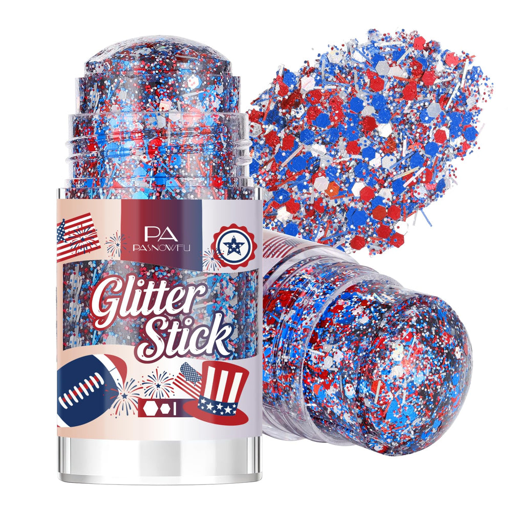PASNOWFU front packaging showing patriotic glitter stick, ideal for quick festive looks