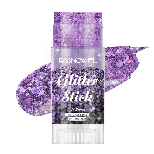 PASNOWFU front view of twist-up violet glitter stick showing compact design and portability benefit