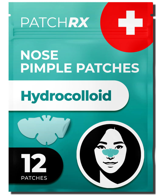 PatchRx front packaging showing 12-pack nose pimple patches and clear benefits