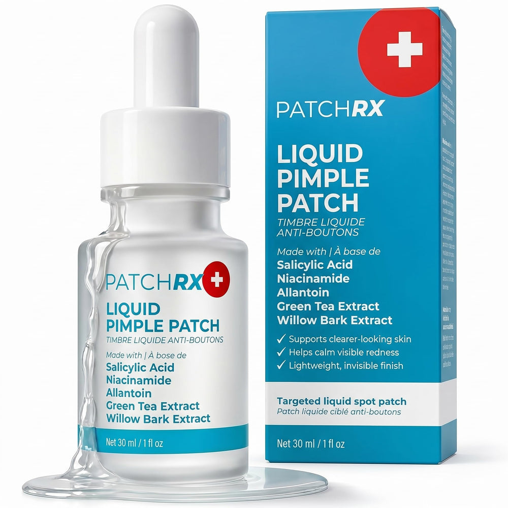 PatchRx front bottle showing clear liquid patch and compact design benefit: easy targeted application