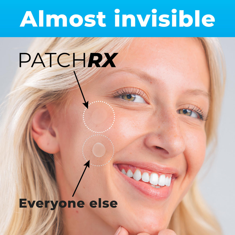 PatchRx patch applied to cheek highlighting discreet coverage and reduced touching benefit