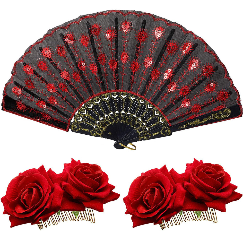 Patelai red rose hair clips and fan front arrangement showing coordinated set benefit