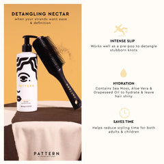 PATTERN detangling nectar applied to a curly hair section reducing knots and easing combing