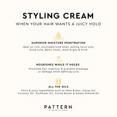 PATTERN styling cream next to hand for scale to show the compact 3 fl oz size benefit