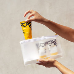 PATTERN travel kit in bag lifestyle scene keeping curls maintained and tangle-free on the move