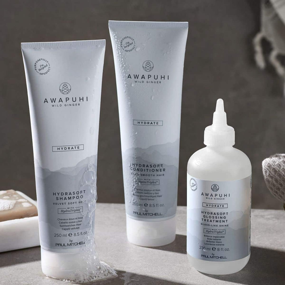 Paul Mitchell bottle beside standard travel items showing 2.5 fl oz scale