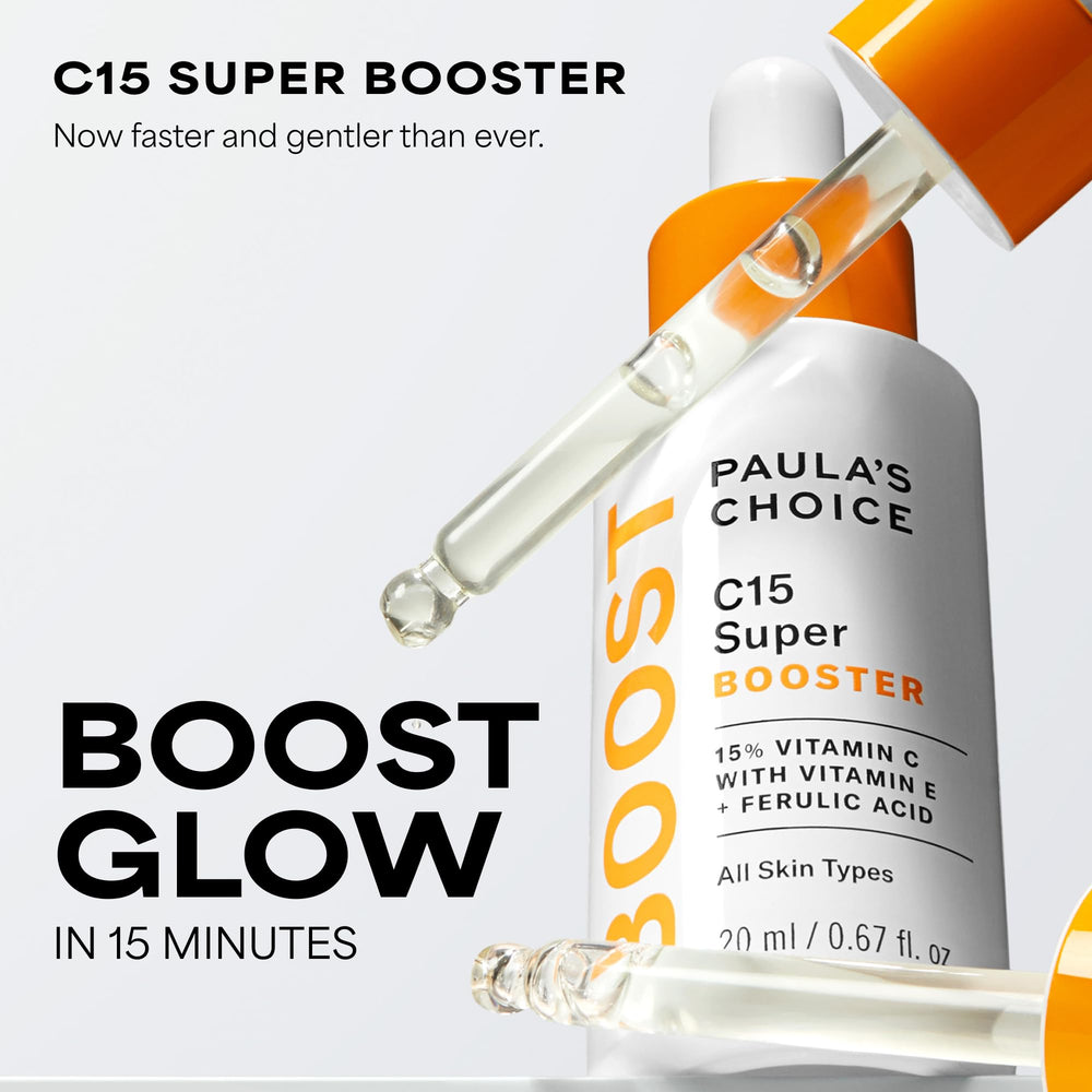 Paula's Choice open bottle with droplet highlighting purity and antioxidant boost