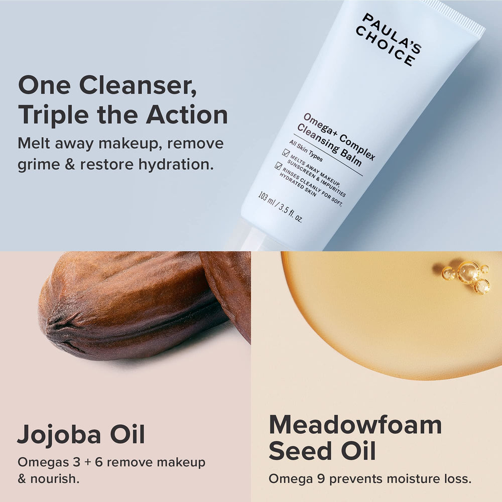 Paula's Choice balm in hand during application showing easy massage and makeup breakdown benefit
