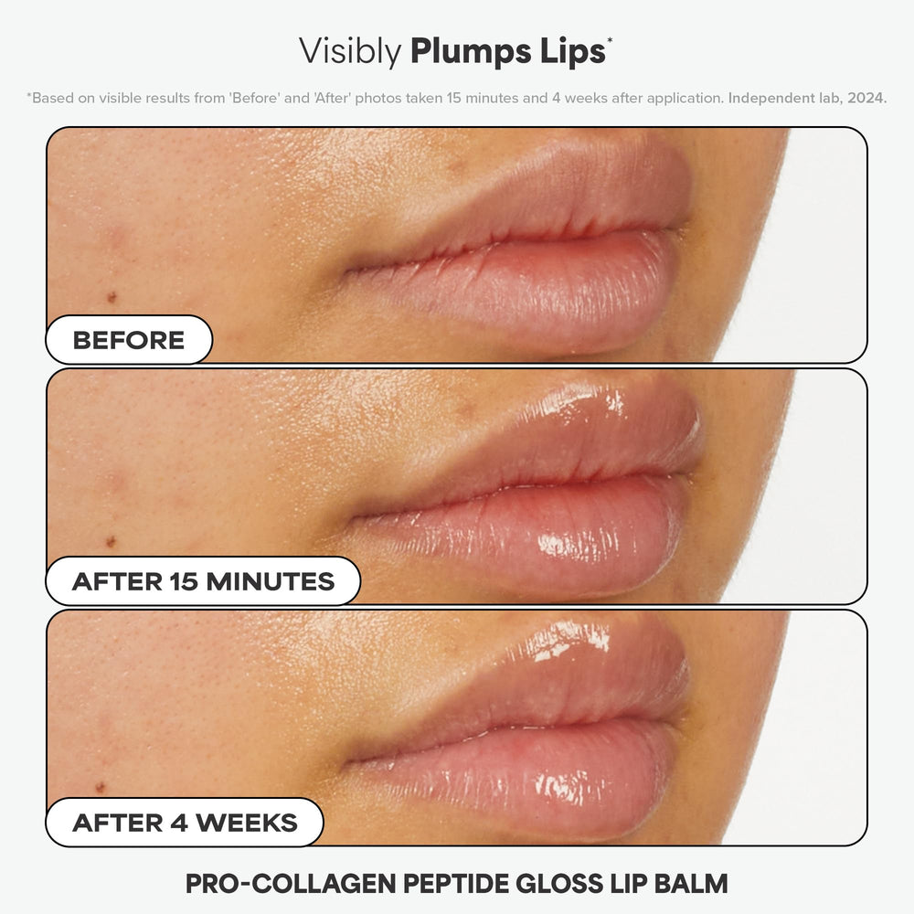 Paula's Choice Peptide Gloss Balm open and swiped on lips showing sheen benefit: hydrated pout