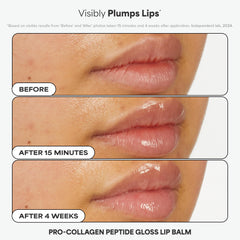 Paula's Choice Peptide Gloss Balm open and swiped on lips showing sheen benefit: hydrated pout