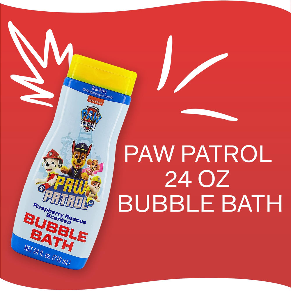 Paw Patrol bottle beside kids enjoying bubbly bath for safe playful routines