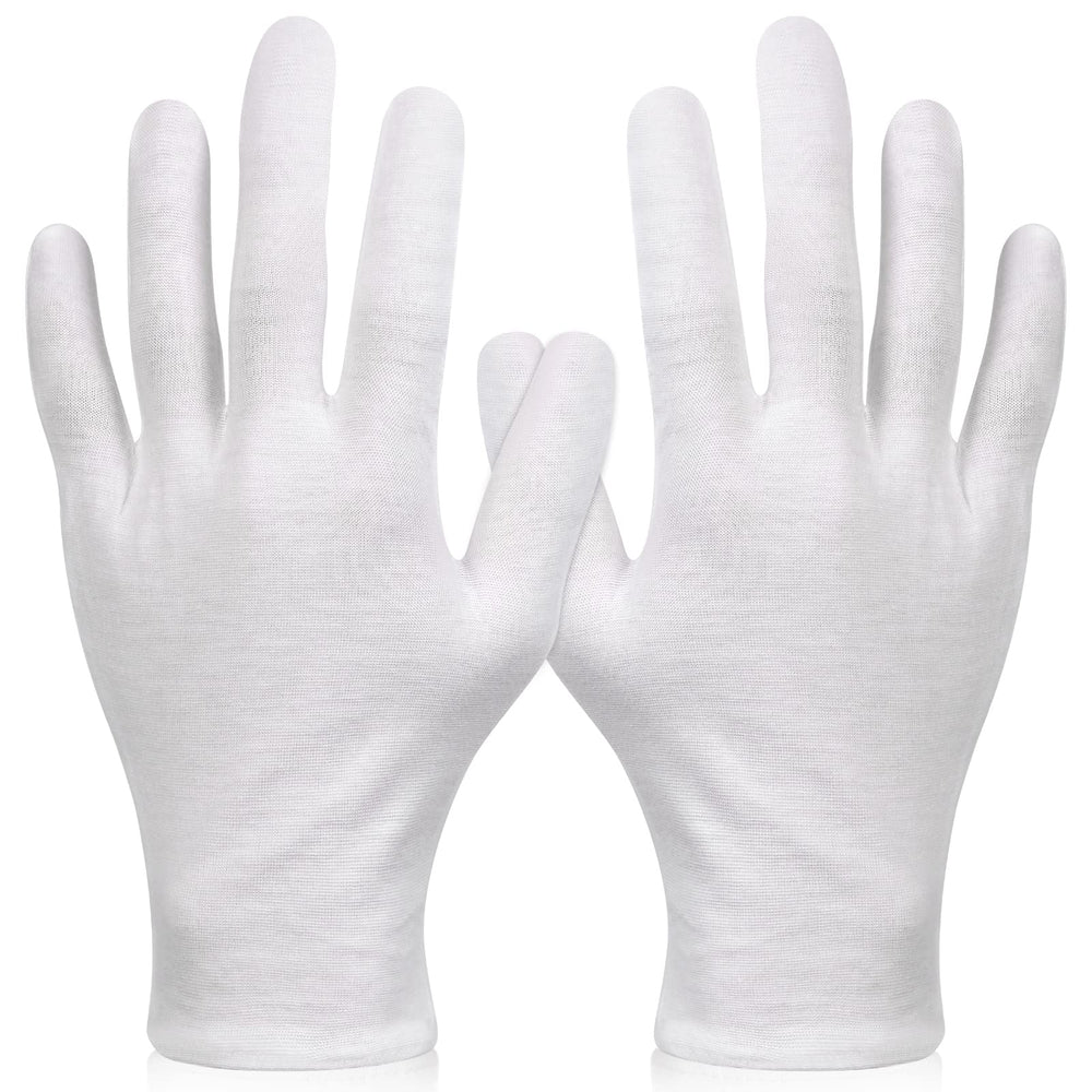 Paxcoo XL white gloves front packaging showing six pairs and benefits