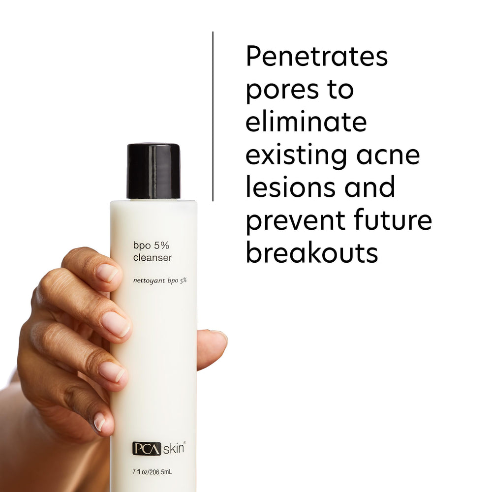 PCA SKIN ingredient label close-up showing benzoyl peroxide and calming botanicals
