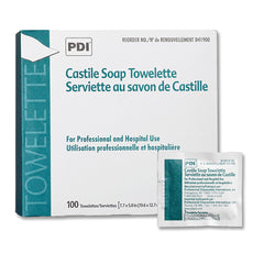 PDI box front view showing 100 count castile towelettes and clear labeling for supply management