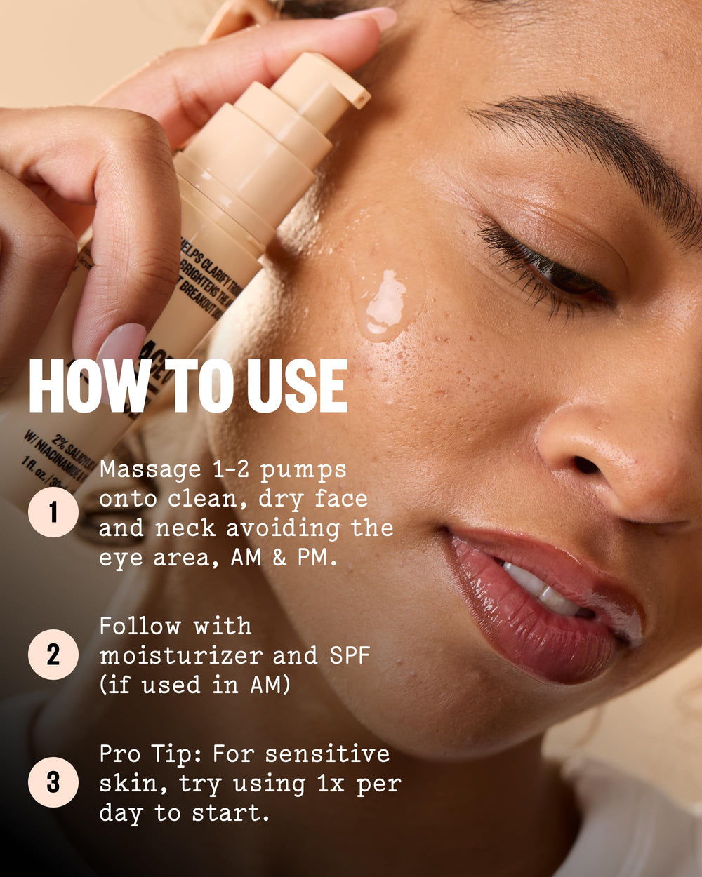 PEACE OUT applying serum to face demonstrating targeted pore treatment benefit