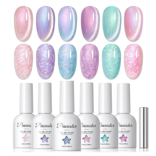 PEACECOLOR front packaging showing six cat eye gel polish shades and magnet for versatile looks