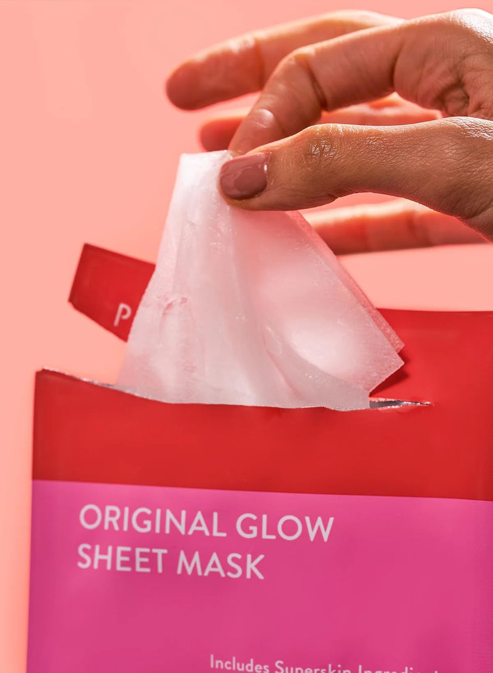 Peach & Lily sheet mask worn on face demonstrating fit and glow