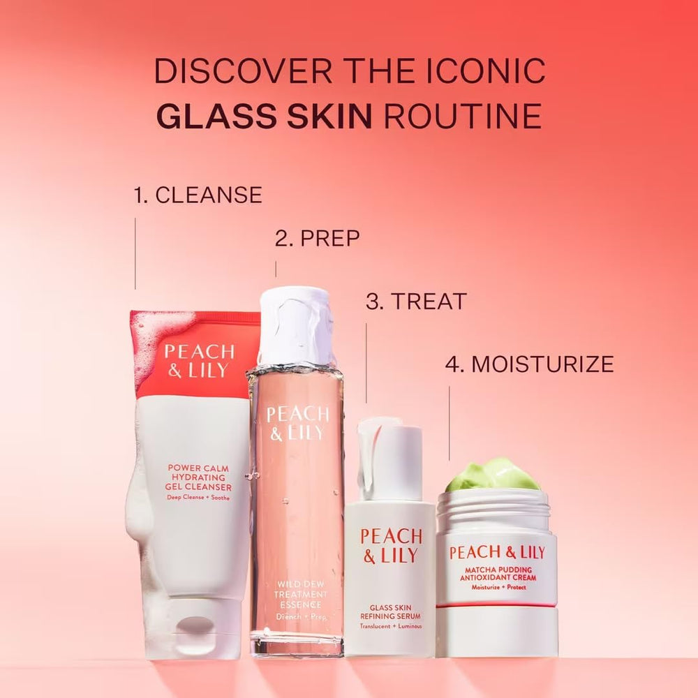 Peach & Lily routine flatlay with essence among cleanser and moisturizer for prep