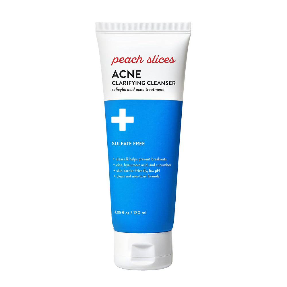 Peach Slices front bottle showing acne cleanser and clear benefits