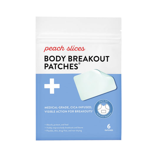 Peach Slices front packaging showing product name and 6 patches — clear coverage benefit