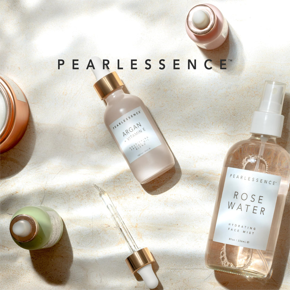 Pearlessence bottle on vanity suggesting daily skincare ritual and radiance