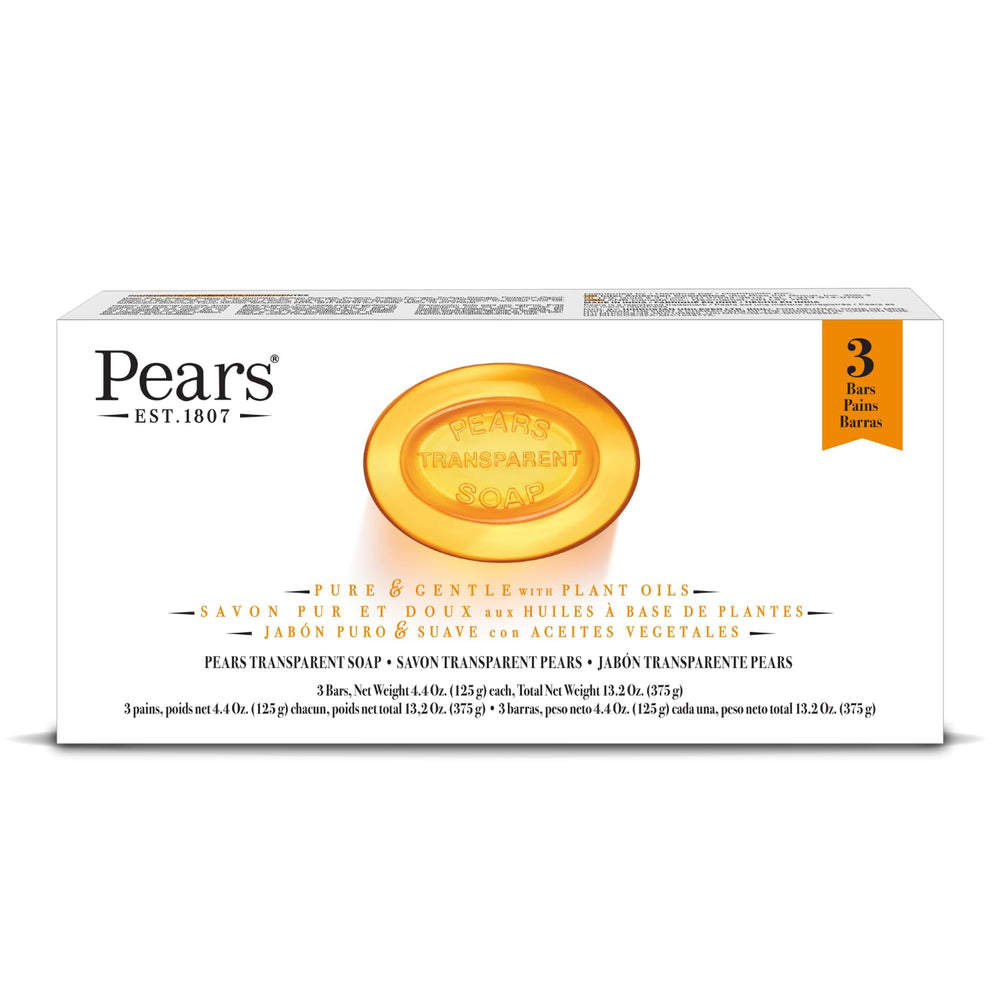 Pears front packaging showing three amber glycerin bars and benefits