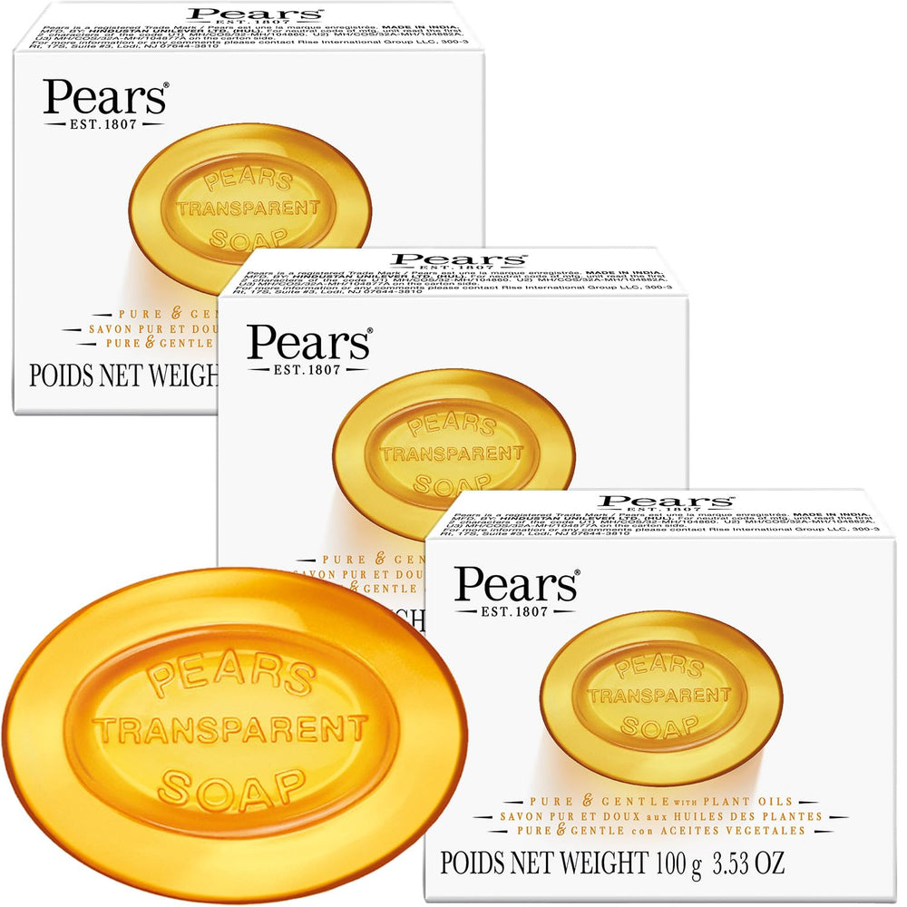 Pears front packaging 3-pack shows amber bars and benefits