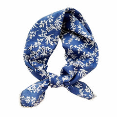 Pemilosci front view of royal blue little leaf bandana showing full print and benefit of bold color