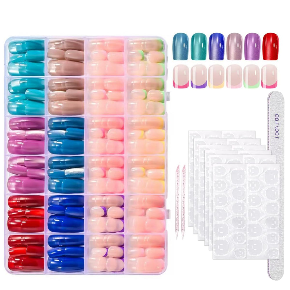 PEPFTG close-up of colorful French-tip nails showing neat square shape and salon polish effect