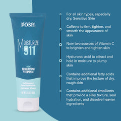 Perfectly Posh label close-up highlighting caffeine and hyaluronic acid benefits