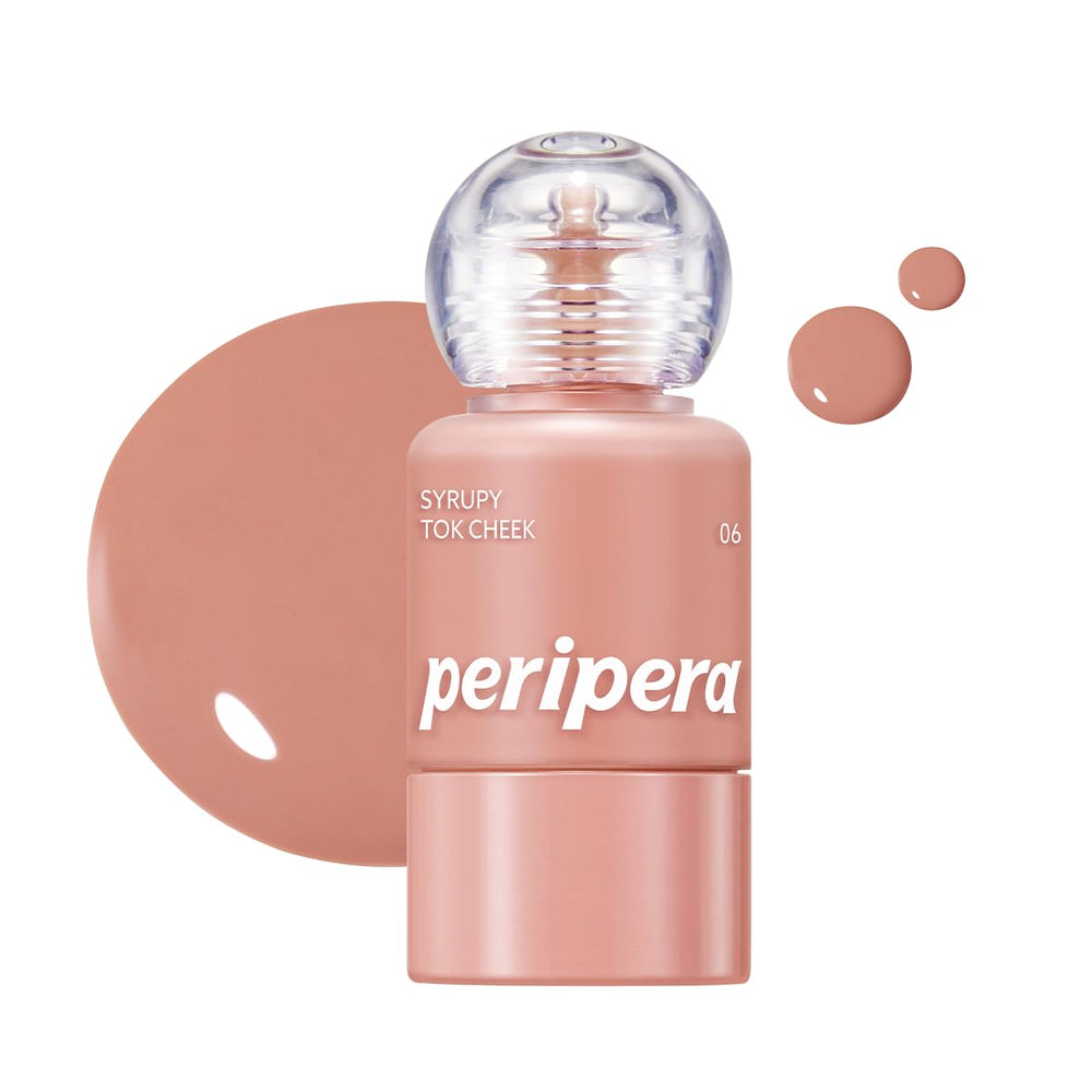 Peripera front packaging of Syrupy Tok Cheek in Nutty Milktea showing shade and pump benefit