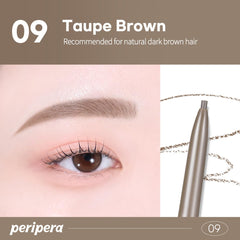 Peripera pencil on vanity with brushes emphasizing portability and everyday reliability