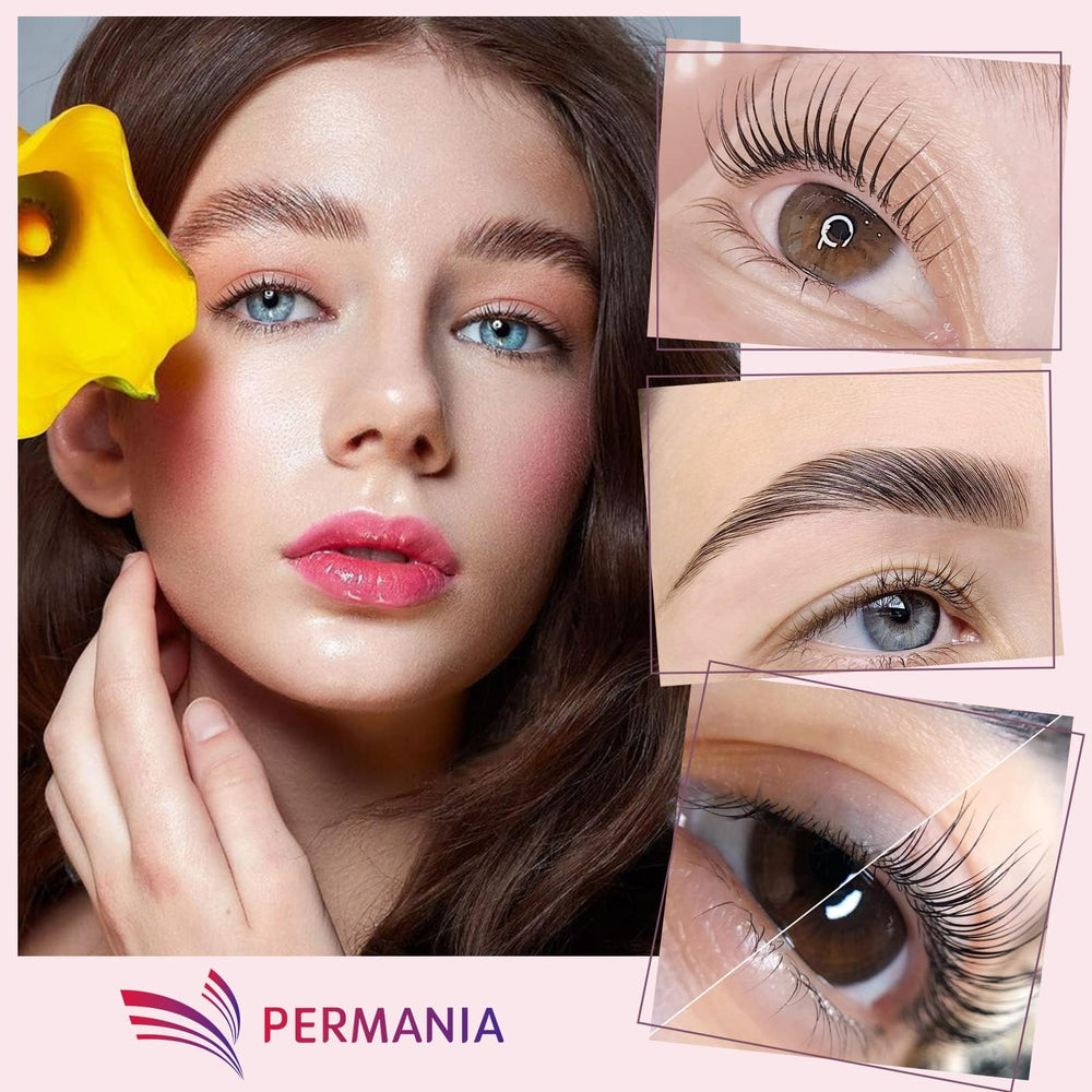 PERMANIA prep sachets packed into a travel bag for portable lash lifting