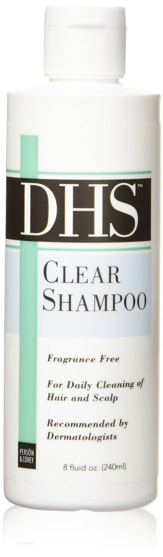 Person & Covey DHS clear shampoo bottle front showing label and compact size benefit