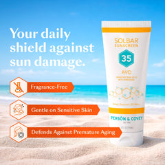 Person & Covey Solbar AVO cream texture close-up showing lightweight absorption