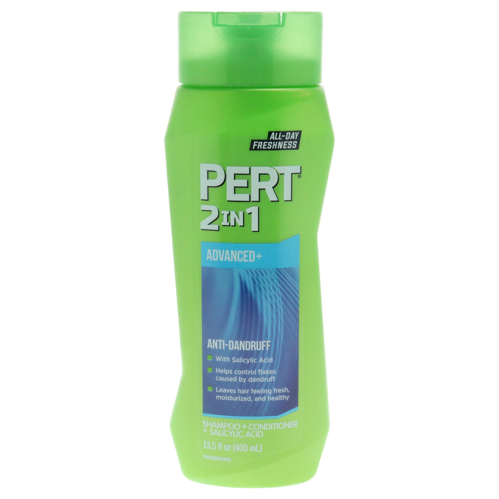 Pert plus front bottle showing label and 13.5 oz size, convenient anti-dandruff care