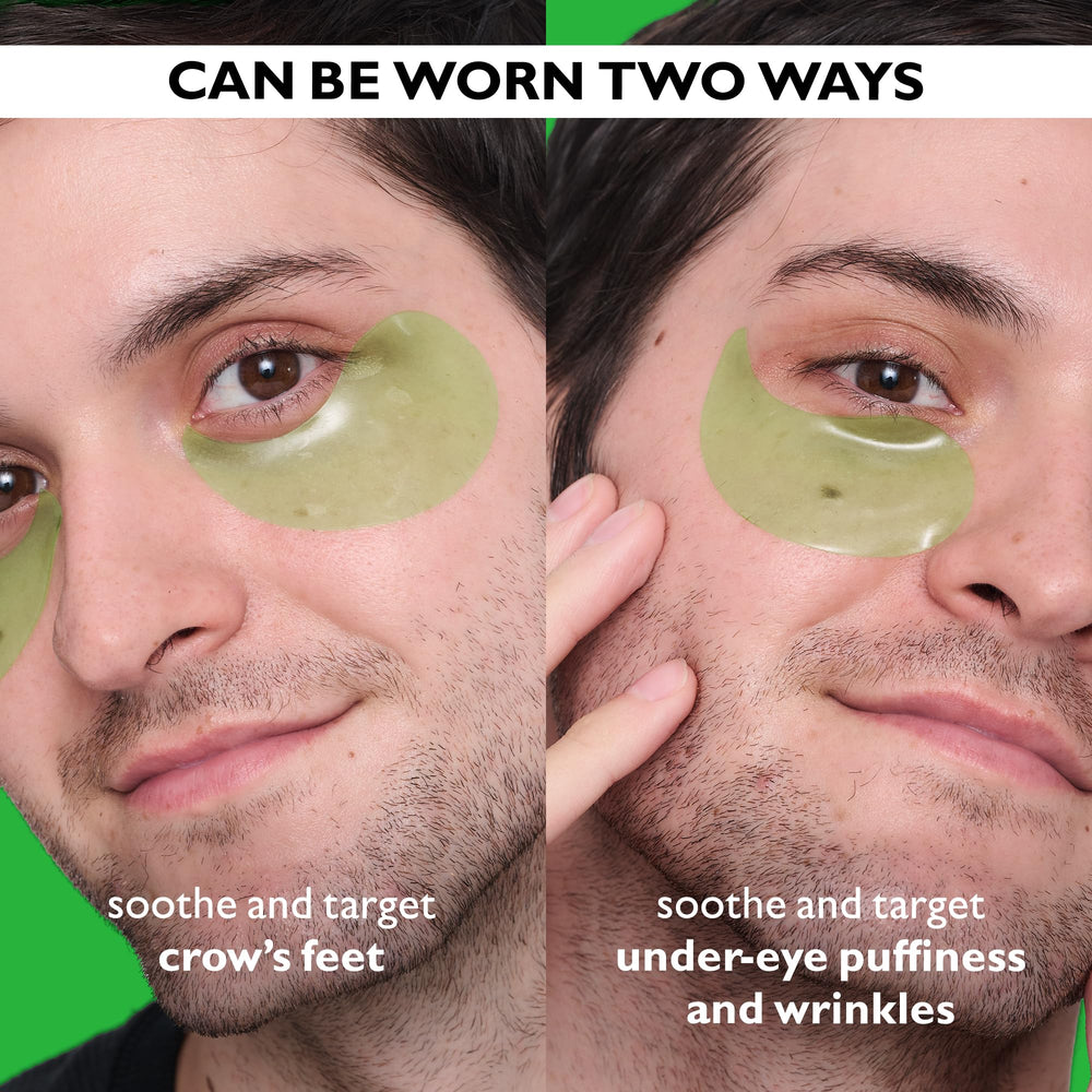 Peter Thomas Roth patch applied under model eye demonstrating depuffing effect