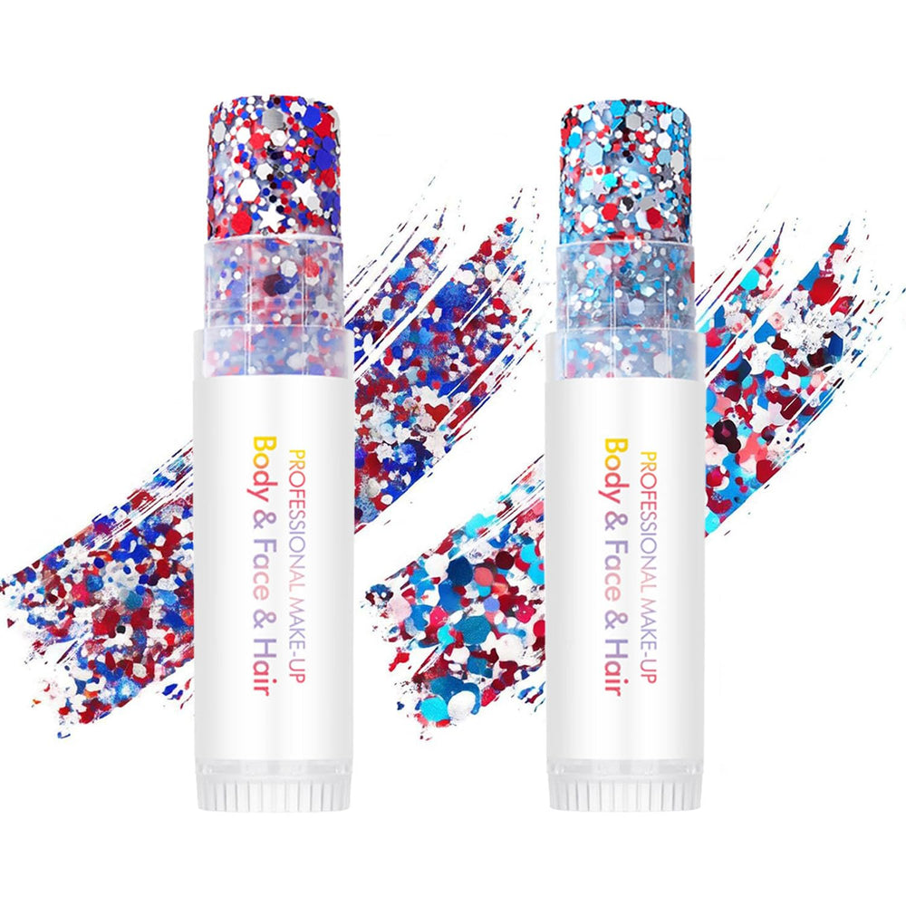 Petramrs front packaging showing two red white blue glitter sticks and clear labels benefiting portability