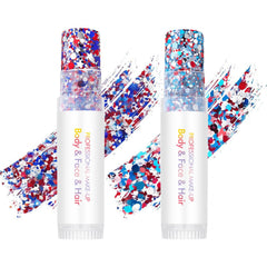 Petramrs front packaging showing two red white blue glitter sticks and clear labels benefiting portability