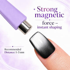Pewosrid magnet held near wet polish demonstrating instant cat-eye effect for salon results