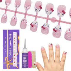 PGELXON front packaging showing 24-piece kids press on nail kit and contents benefit