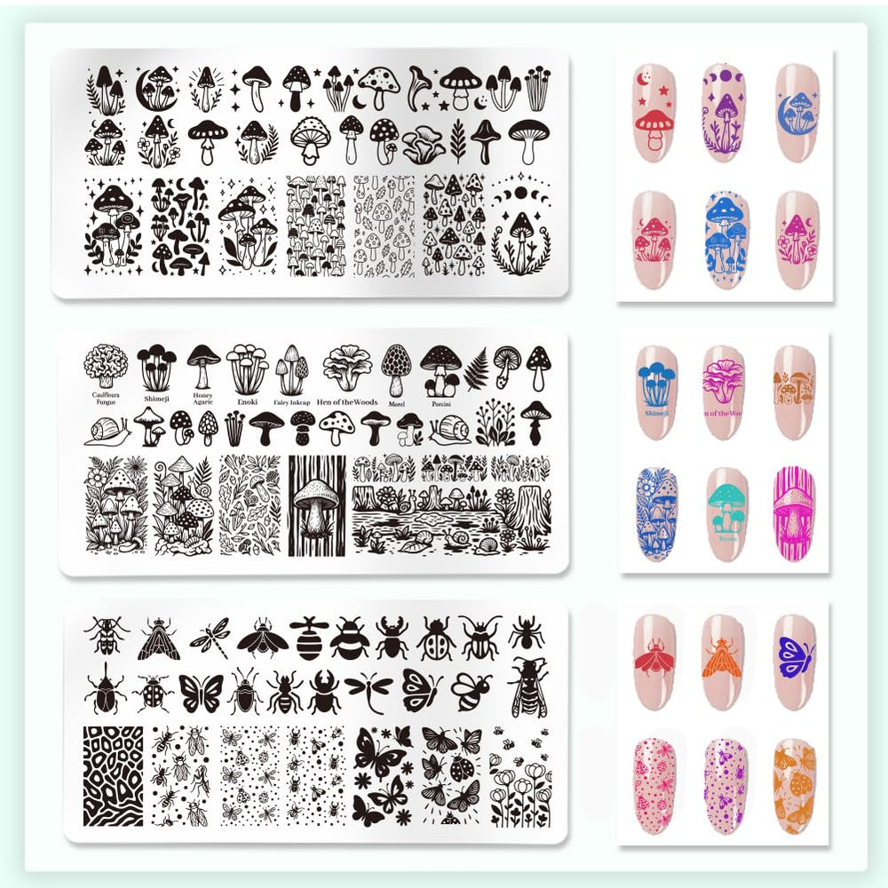 PH PandaHall stamped nail samples demonstrating layered forest-themed manicures benefit