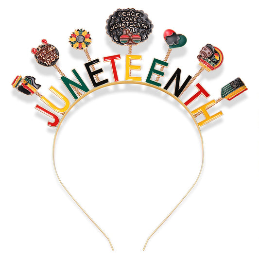 PHALIN front view headband showing bold JUNETEENTH lettering and gold hoop, celebrates heritage