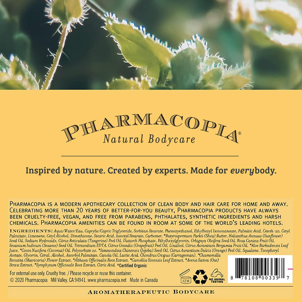 Pharmacopia ingredient list close-up emphasizing natural, chemical-free benefit