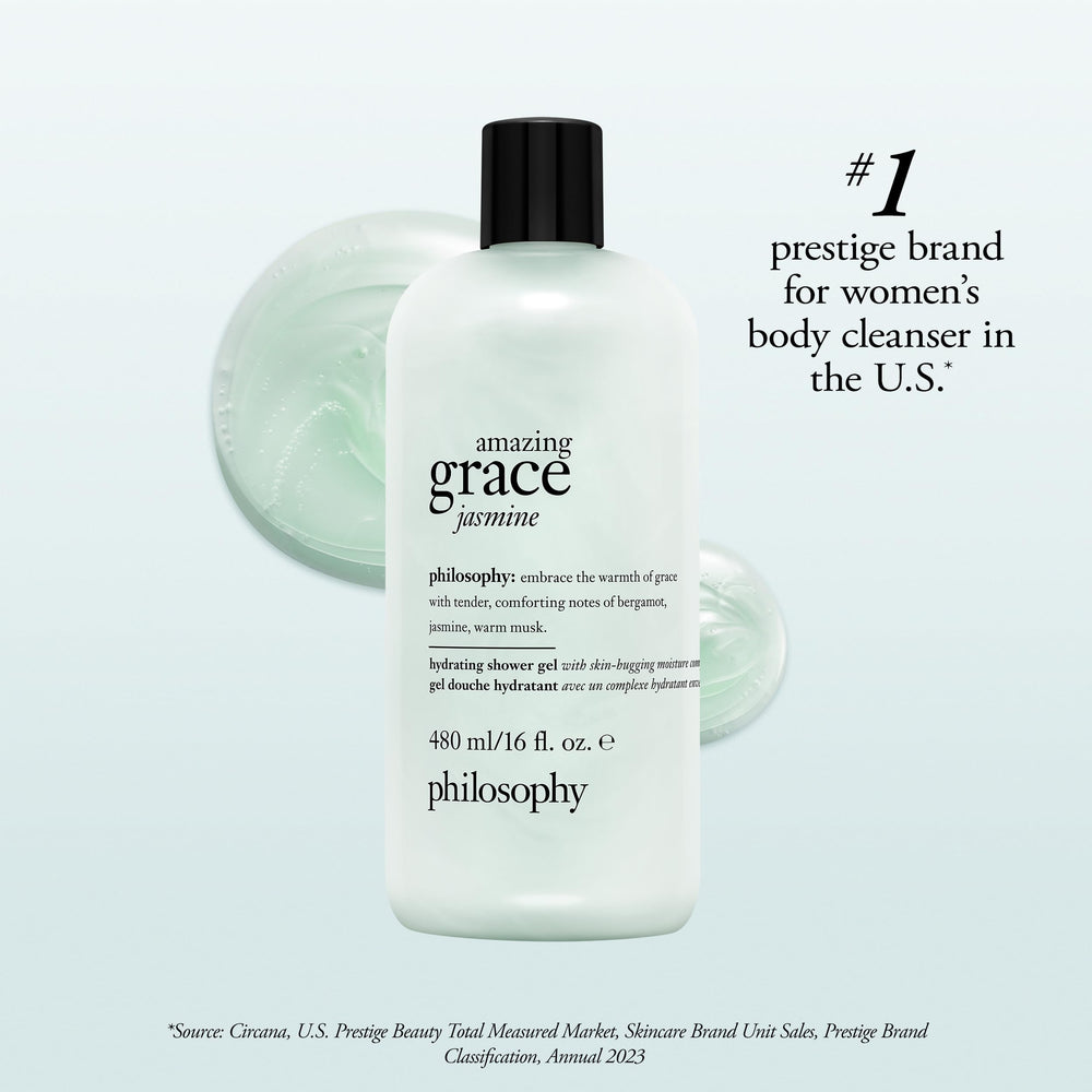 philosophy bottle staged in bathroom showing lifestyle indulgence and calm benefit