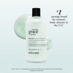 philosophy bottle staged in bathroom showing lifestyle indulgence and calm benefit