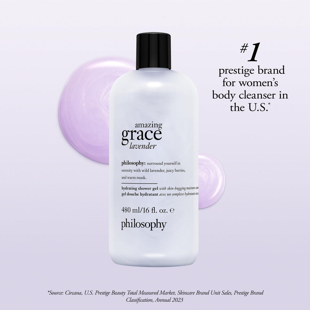 philosophy bottle next to travel items showing 16 fl oz scale and convenience for routines