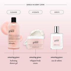 philosophy Amazing Grace jar on bathroom shelf styled with towels suggesting daily ritual use