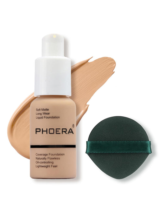 PHOERA front bottle showing shade #104 Buff Beige and compact packaging benefit