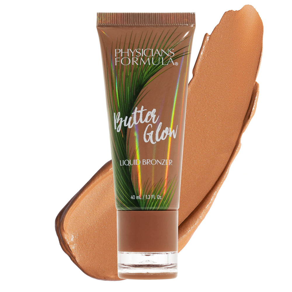 Physicians Formula front packaging of Butter Glow Liquid Bronzer showing bottle and label, highlights quick application